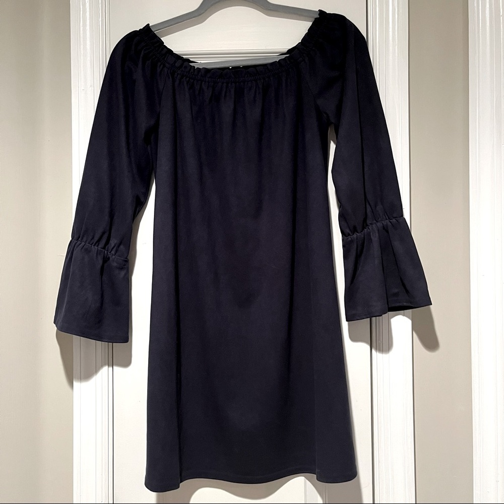 Navy Suede Bell Sleeve Off the Shoulder Dress